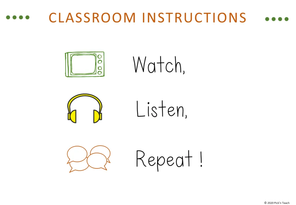 Opening vocabulary slide introduces Watch, Listen, Repeat with a television, headphones, and speech bubbles.