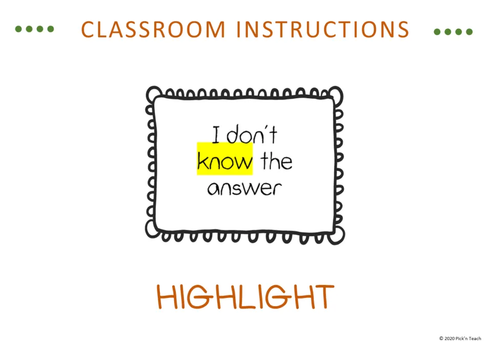 Classroom instruction vocabulary slide for Highlight, showing 'know' highlighted in 'I don't know the answer'.