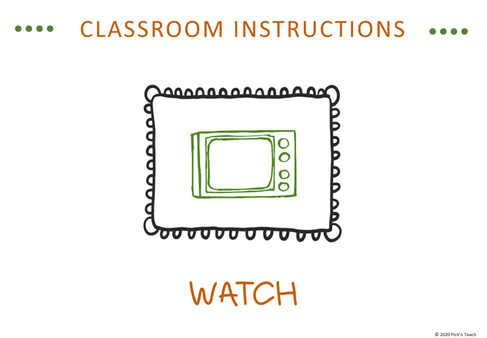 Classroom instruction vocabulary slide for Watch, illustrated by a television beneath the shared heading.