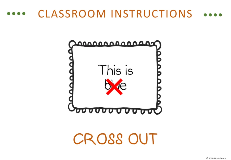 Classroom instruction vocabulary slide for Cross Out, showing a red X over 'blue' in 'This is blue'.