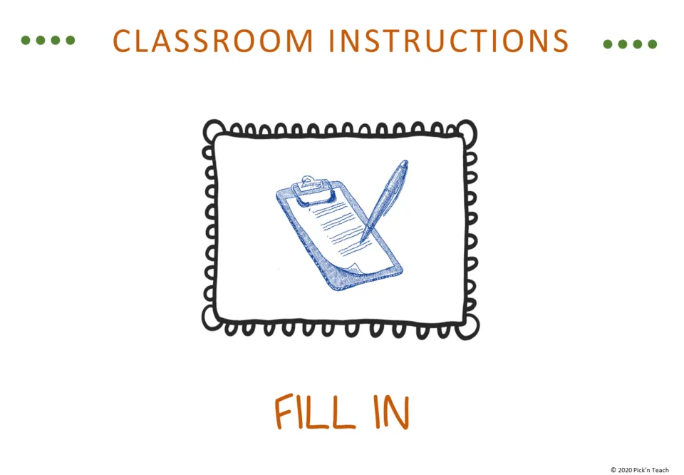 Classroom instruction vocabulary slide for Fill In, illustrated by a clipboard holding paper and a pen.