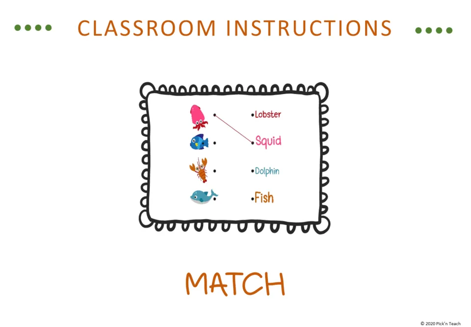 Classroom instruction vocabulary slide for Match, showing sea animal pictures and a squid matched to its name.
