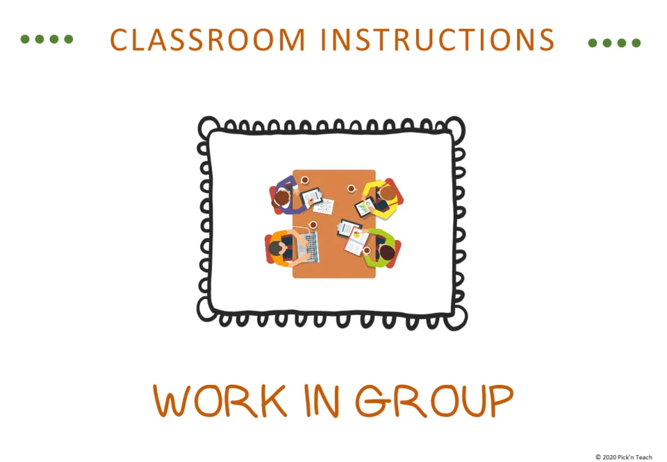 Classroom instruction vocabulary slide labeled 'Work in Group', illustrated by four people around a table.