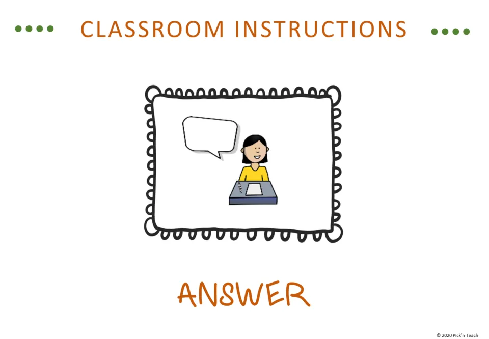 Classroom instruction vocabulary slide for Answer, showing a student at a desk beside a speech bubble.