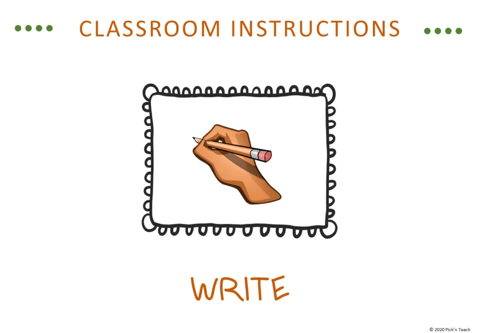 Classroom instruction vocabulary slide for Write, illustrated by a hand holding a pencil ready to write.
