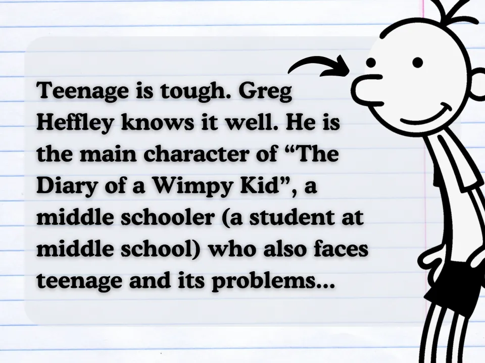 Intro slide: teenage is tough, and Greg Heffley, a middle schooler in the book, faces teenage problems too