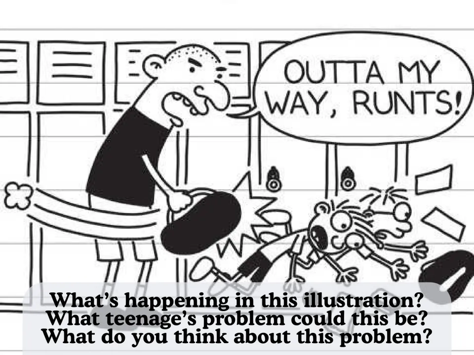 Bullying discussion: a big kid yells "Outta my way, runts!" and knocks a boy down; students say what is happening and why