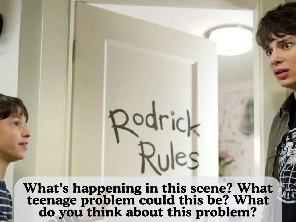 Movie still of a boy and his older brother by a door marked "Rodrick Rules"; students discuss the teen problem it shows