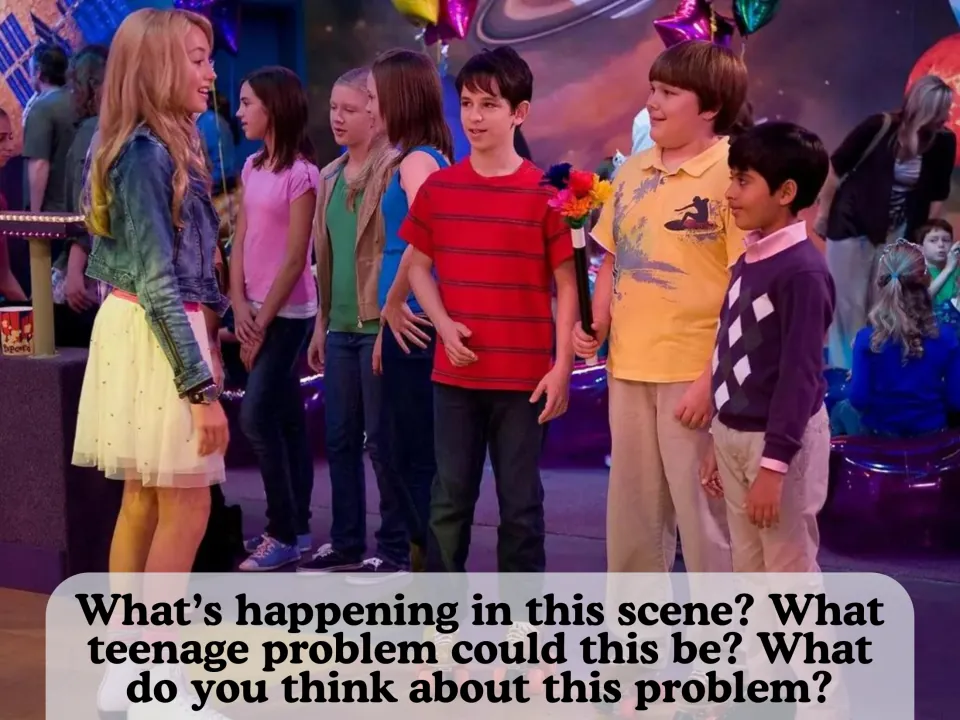 Movie still of boys facing a group of girls at a party; students describe the scene and give opinions on the teen problem