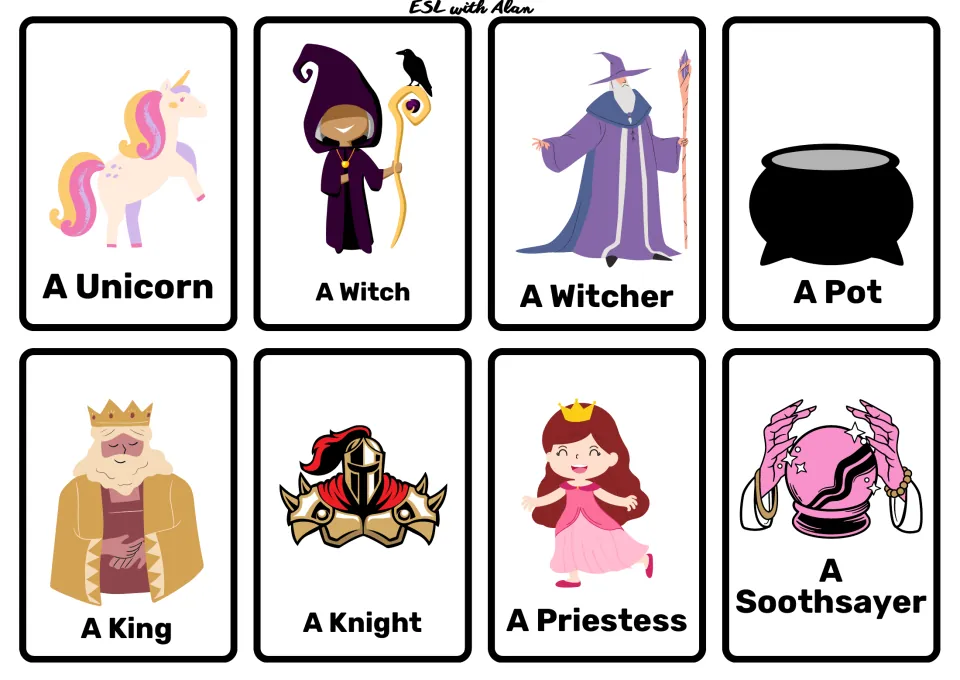 Fantasy story cards: 8 picture cards of a unicorn, witch, witcher, pot, king, knight, priestess and soothsayer
