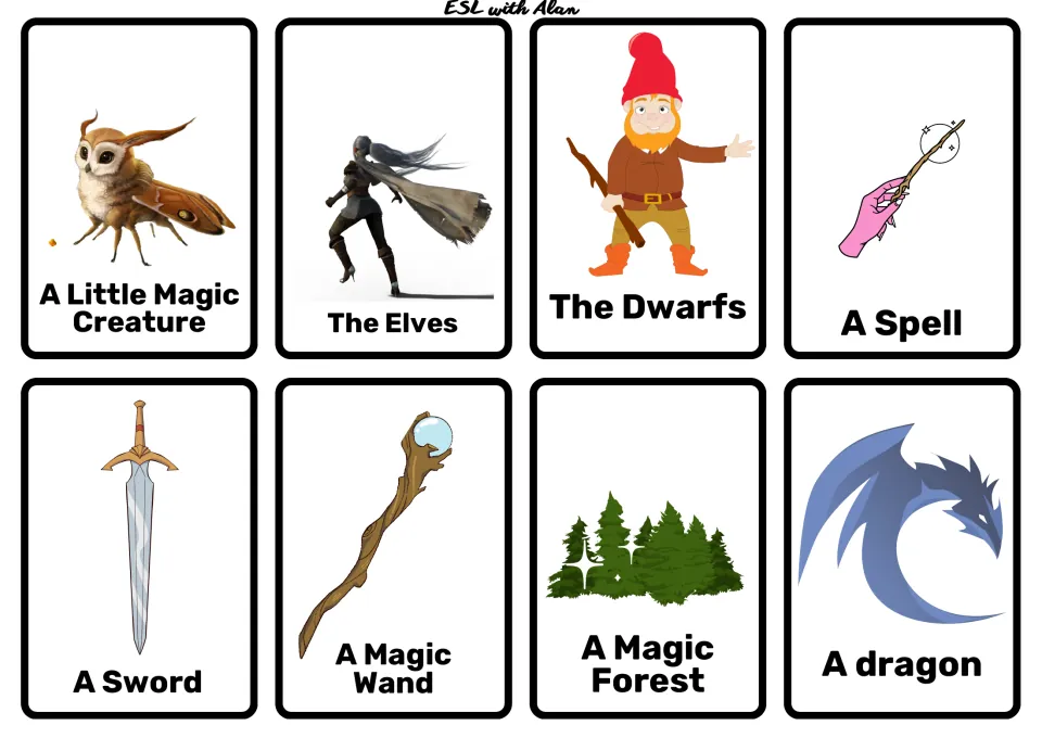 Fantasy picture cards: magic creature, elves, dwarfs, spell, sword, magic wand, magic forest and a dragon to tell stories