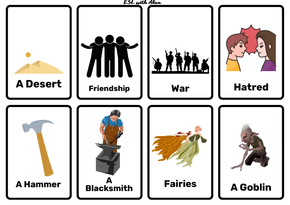 Fantasy cards mixing settings and themes: desert, friendship, war, hatred, hammer, blacksmith, fairies and a goblin