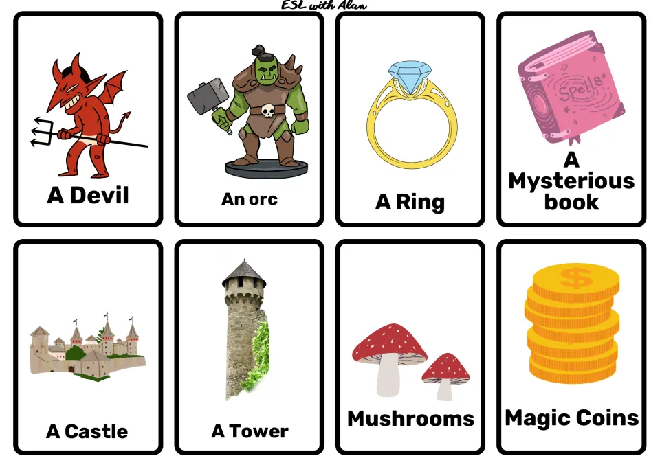 More fantasy cards: a devil, an orc, a ring, a mysterious book, a castle, a tower, mushrooms and magic coins