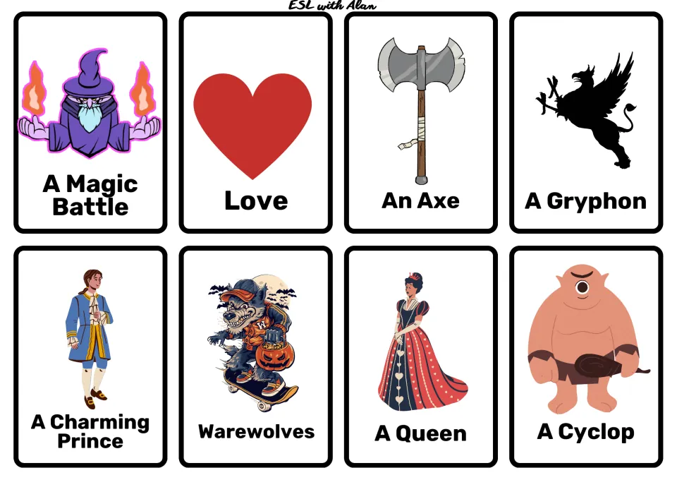 Fantasy picture cards: a magic battle, love, an axe, a gryphon, a charming prince, werewolves, a queen and a cyclops