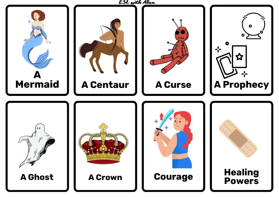 Fantasy cards: a mermaid, centaur, curse, prophecy, ghost and crown, plus courage and healing powers as story elements