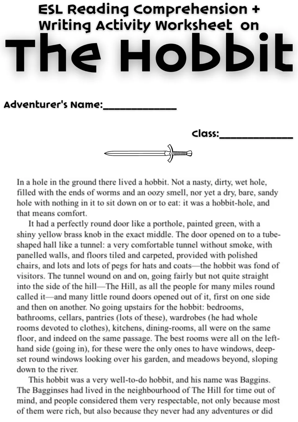 ESL reading on The Hobbit opening: students write name and class, then read about Bilbo's comfortable hobbit-hole