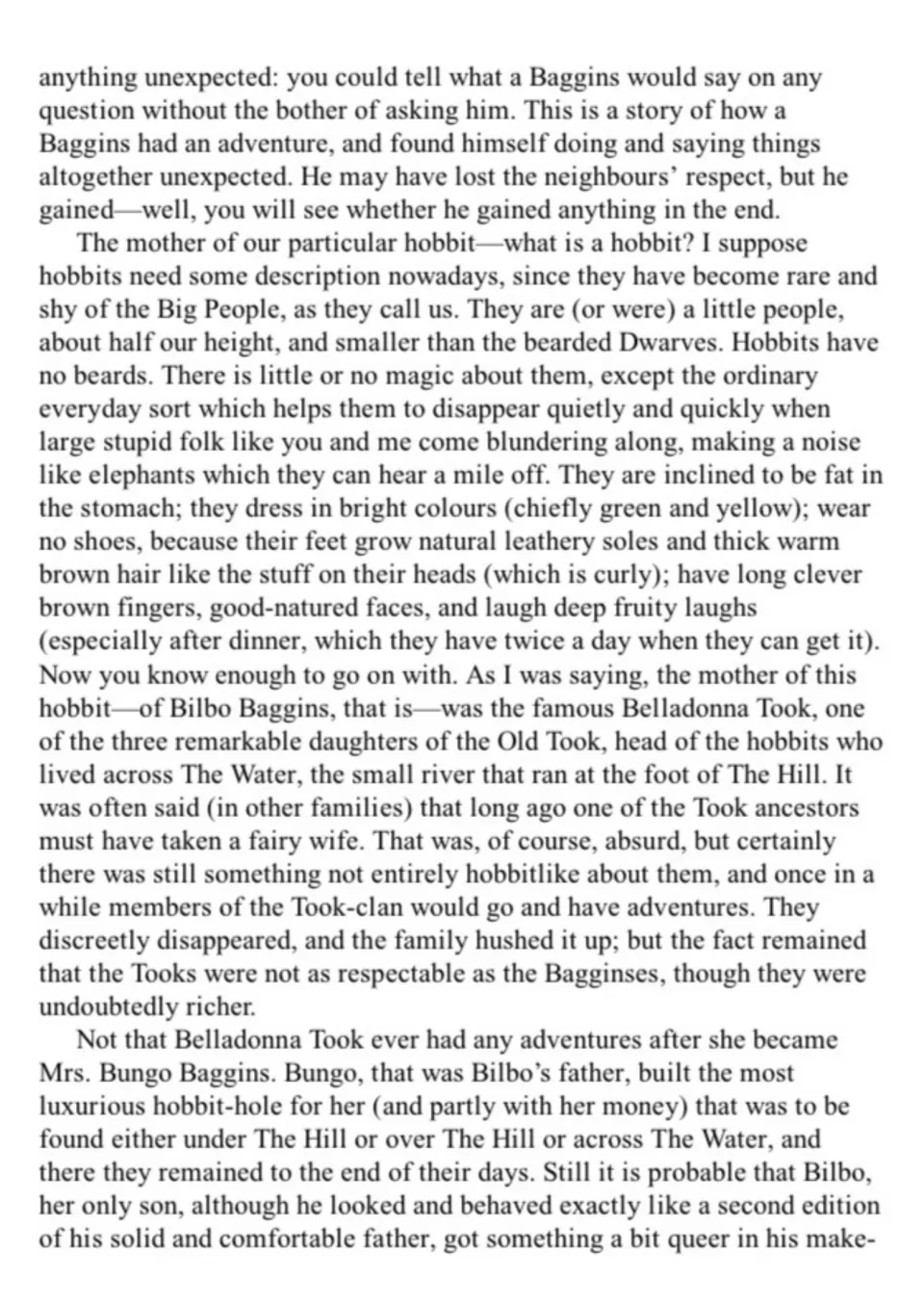 Reading passage continued: students read what hobbits look like and learn about Bilbo's mother, Belladonna Took