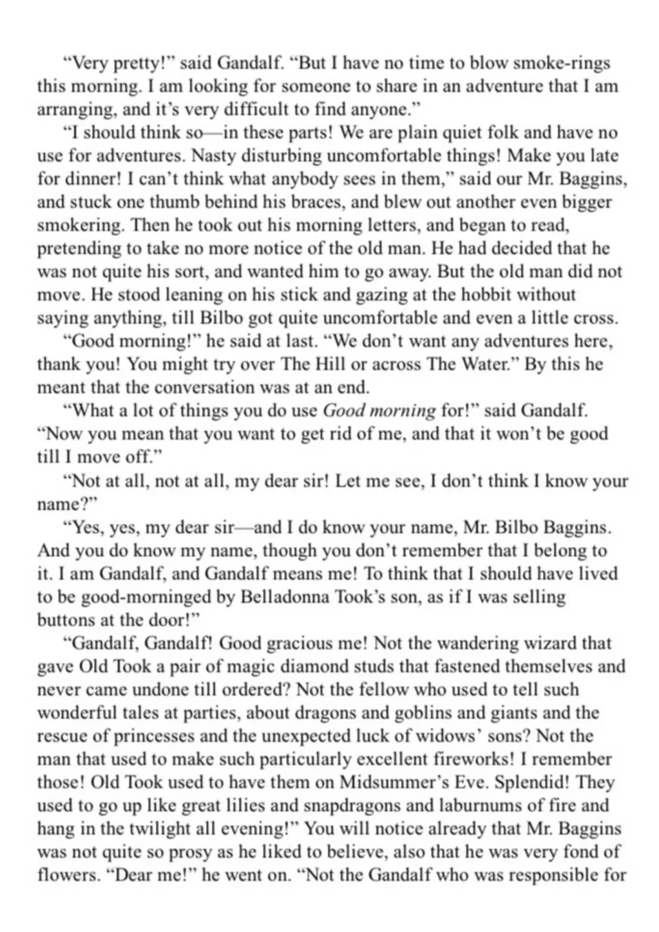 Passage where Gandalf seeks someone for an adventure, Bilbo refuses, then recalls the wizard's fireworks and tales