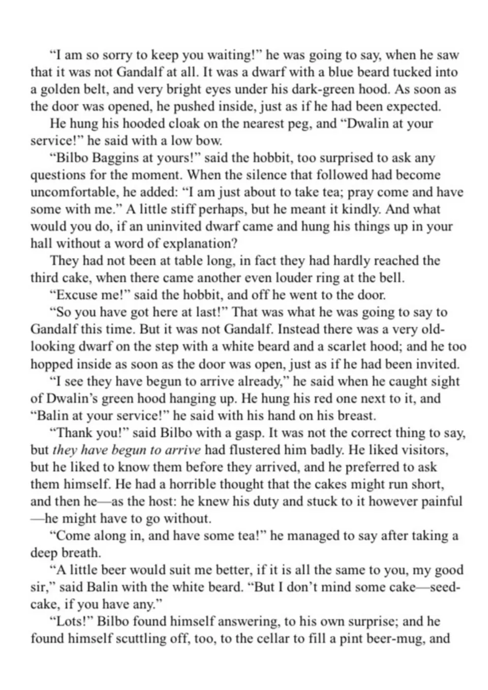 Chapter text in which the dwarves Dwalin and Balin arrive uninvited for tea and Bilbo worries the cakes may run short
