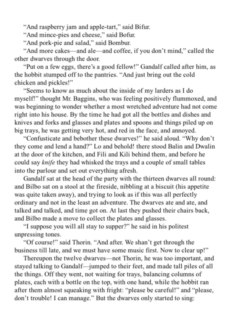 Passage describing the dwarves' feast orders and Bilbo's flustered hosting, ending as they start to sing while clearing up