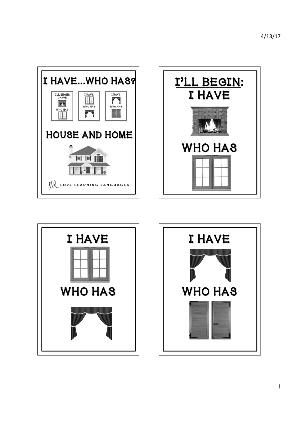 House and home title card plus the 'I'll begin' card (fireplace, window) and the window and curtains cards