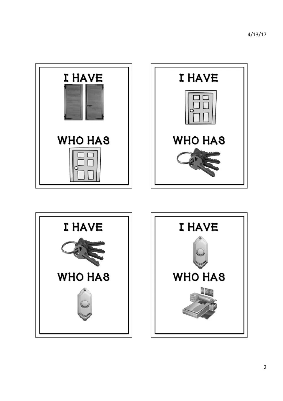 'I have... Who has?' cards linking shutters to door, door to keys, keys to doorbell, and doorbell to bedroom