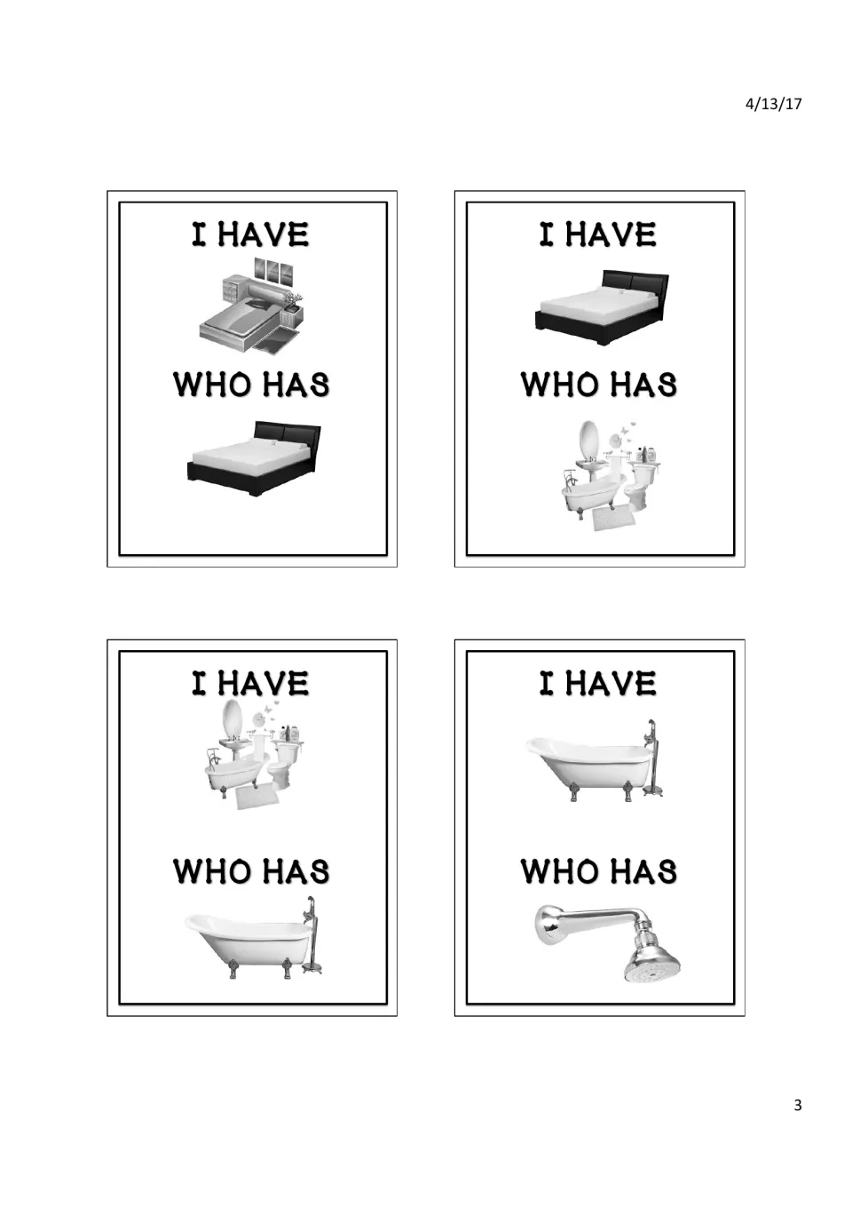 Chain cards: bedroom to bed, bed to bathroom, bathroom to bathtub, and bathtub to shower, all shown as pictures
