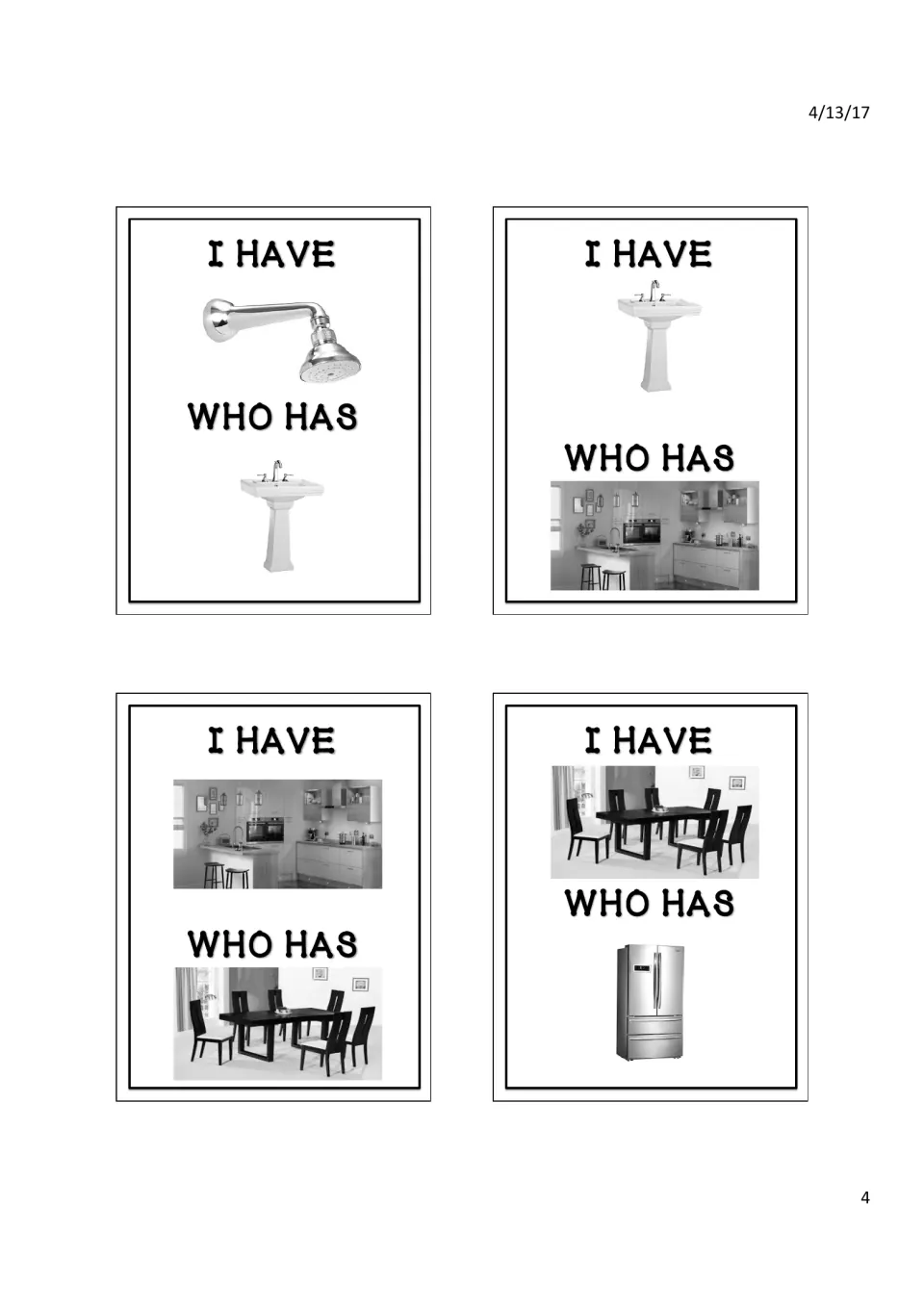 Cards linking shower to sink, sink to kitchen, kitchen to dining room, and dining room to refrigerator