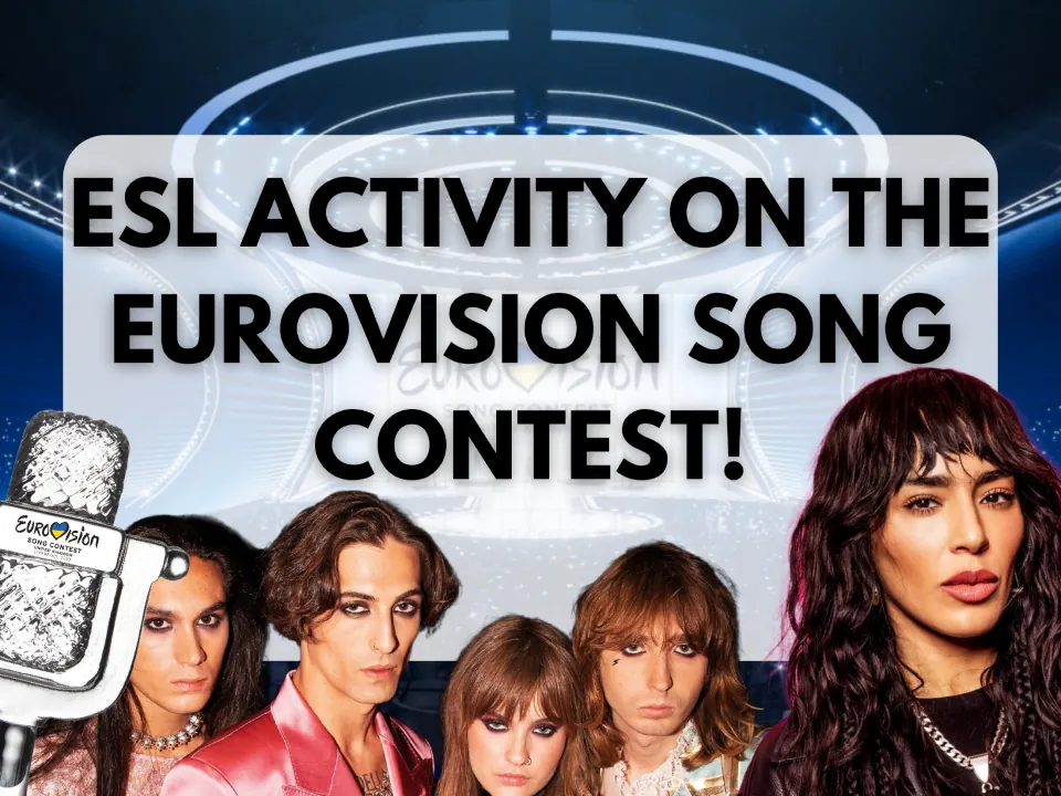 Cover: ESL activity on the Eurovision Song Contest, shown with a contest microphone and photos of performing artists