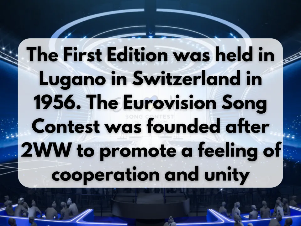 Eurovision history: first edition held in Lugano, Switzerland in 1956, founded after WWII to promote cooperation and unity