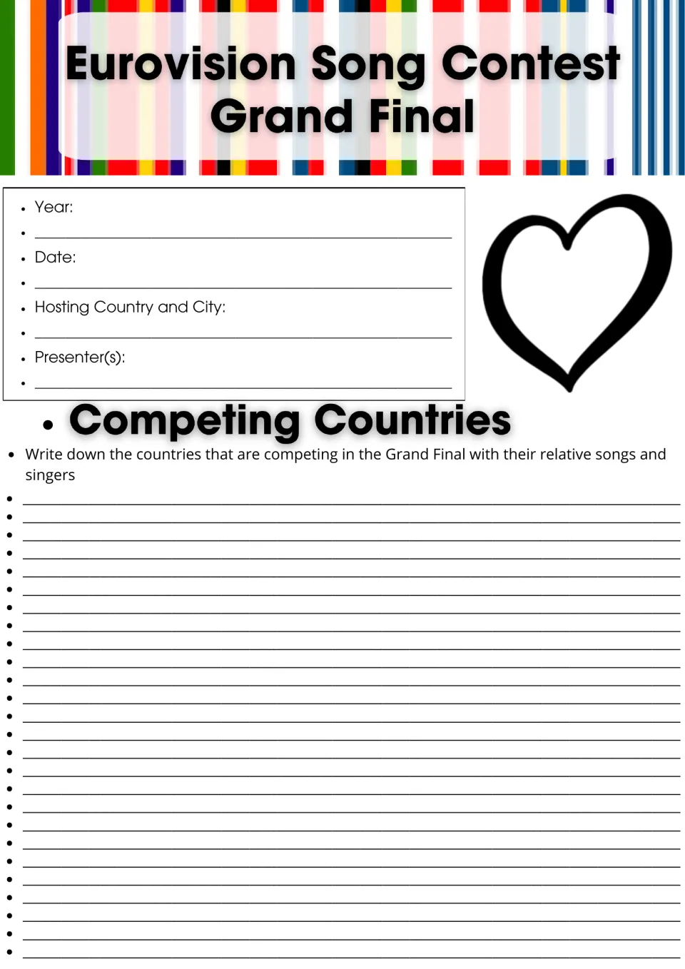 Eurovision Grand Final facts: students note year, date, host city and presenters, then list competing countries and songs