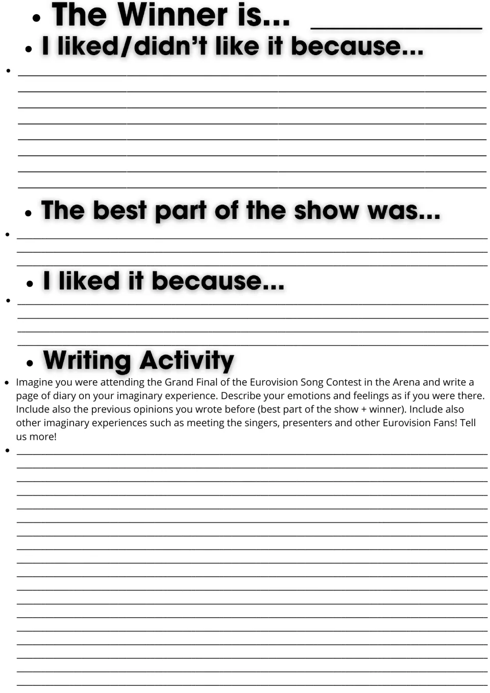 Eurovision opinions: students name the winner, give reasons and the best part, then write an imaginary Arena diary entry