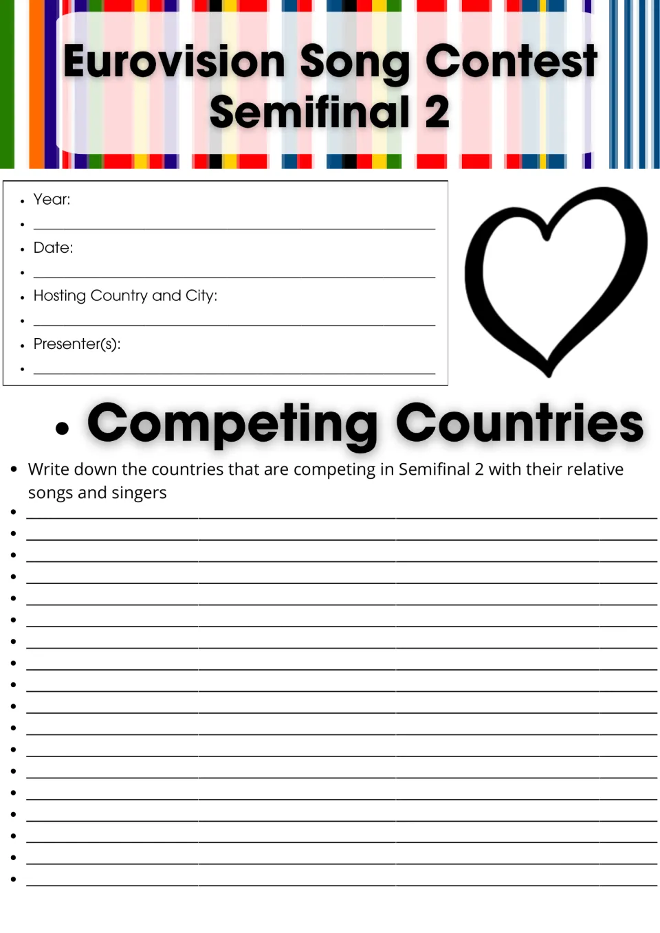Eurovision Semifinal 2 fact sheet: students note year, date, host city and presenters, then list competing countries