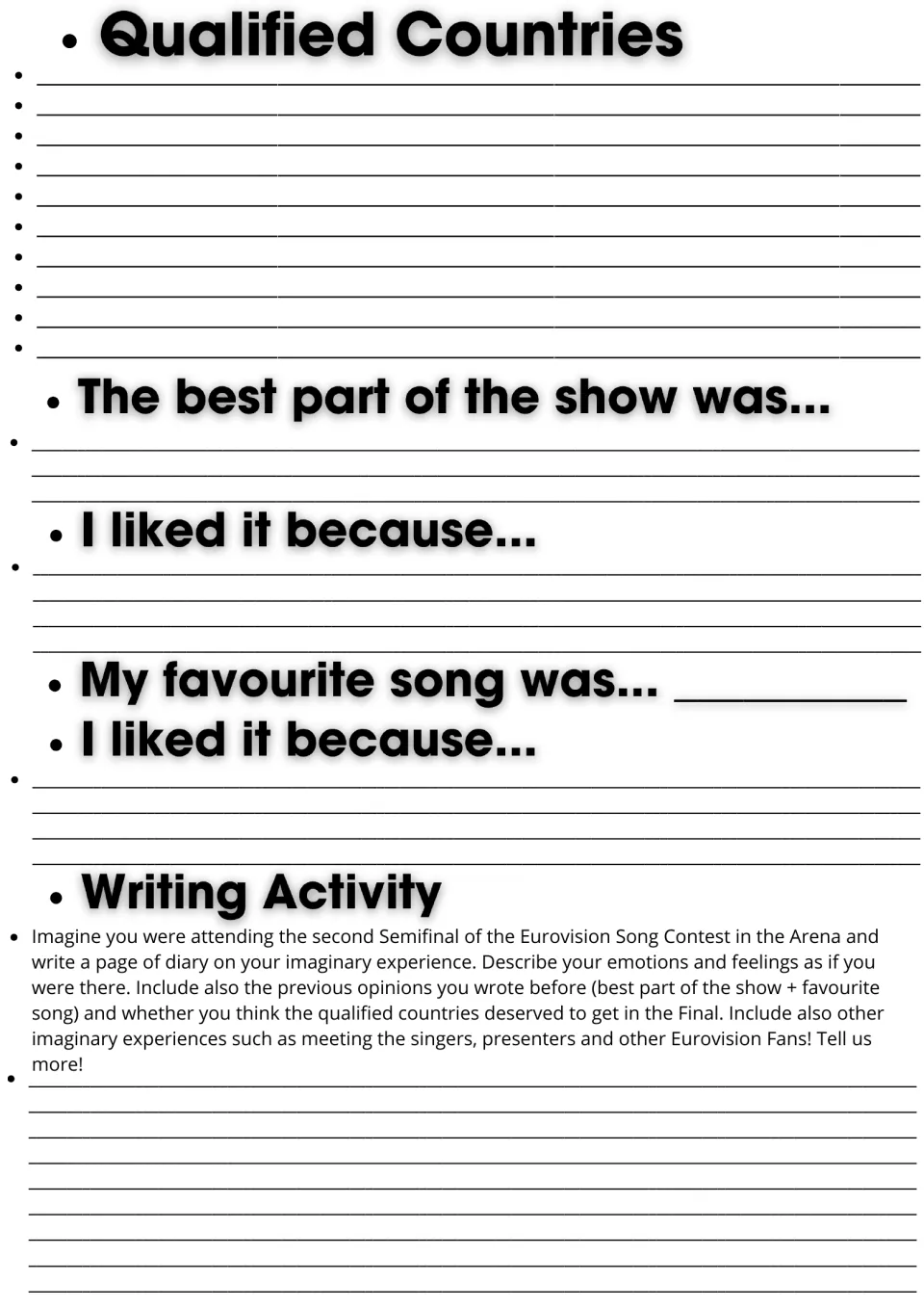 Semifinal results and opinions: students list qualifiers, explain the best moment and favourite song, then write a diary