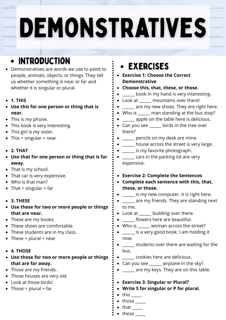 Demonstratives lesson: this, that, these, and those, followed by sentence completion and singular/plural practice