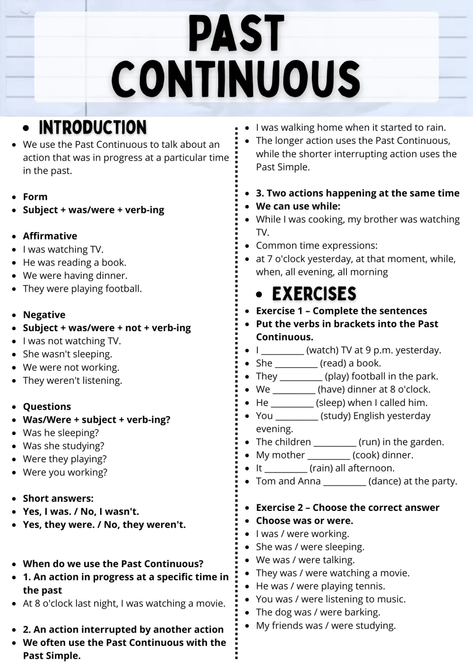 Past continuous lesson: was/were + verb-ing, negatives, questions, and exercises 1–2 on verb forms.