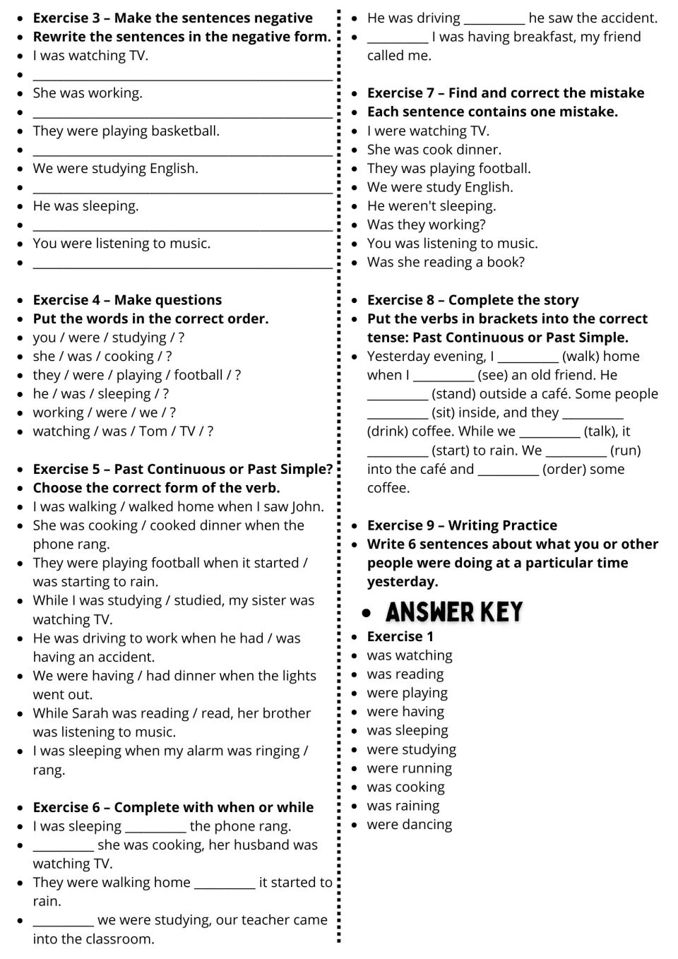 Past continuous exercises 3–9: negatives, questions, tense choice, a story, and the exercise 1 answer key.