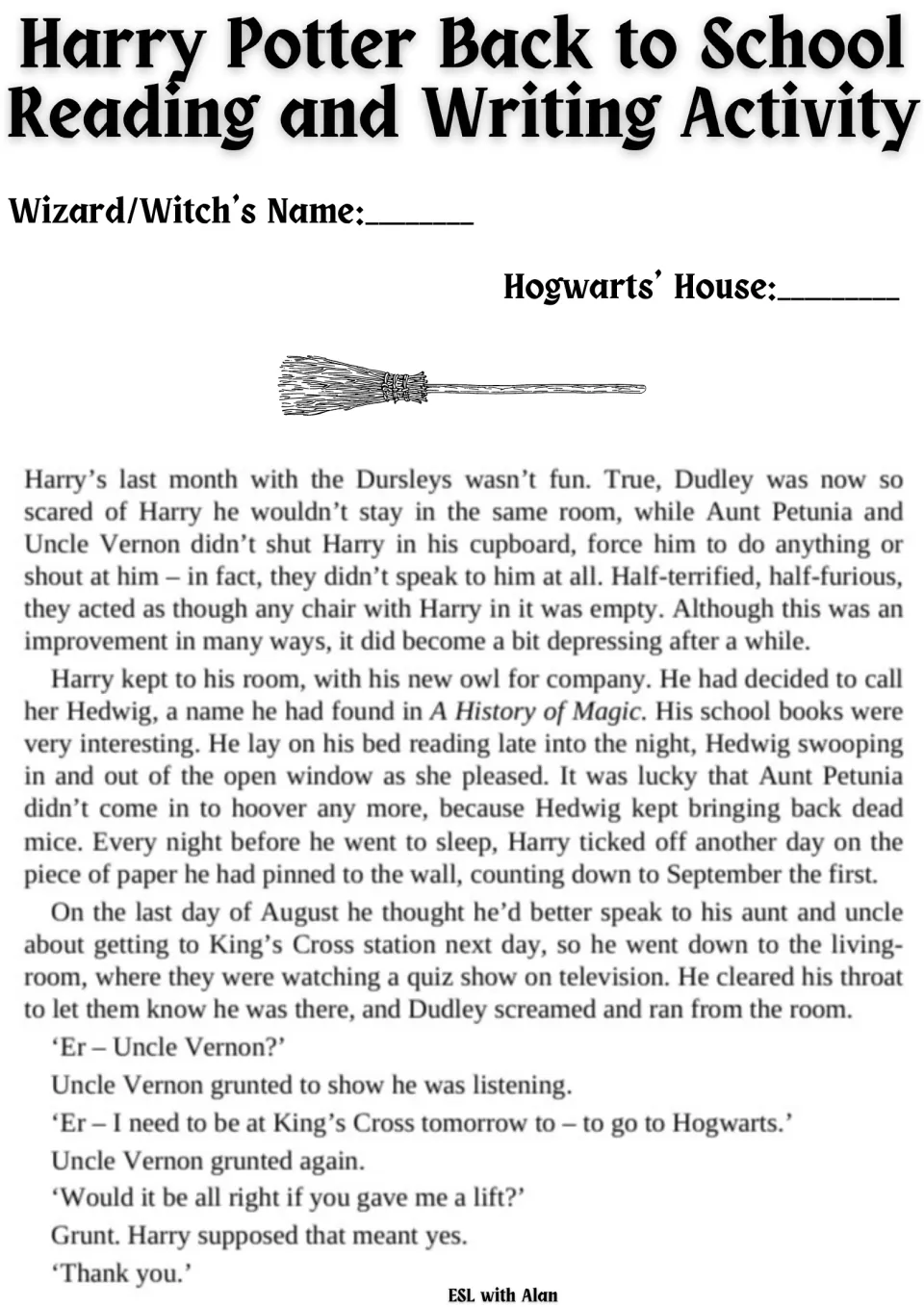 Reading packet opening: Harry spends his last month with the Dursleys and asks for a ride to King's Cross.