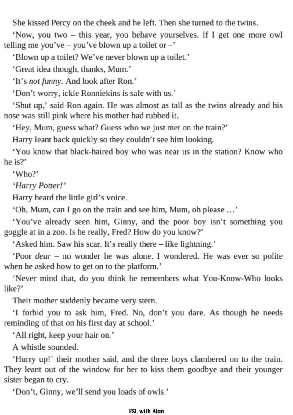 Reading passage continuation: The twins tell their mother about Harry, and the family says goodbye.