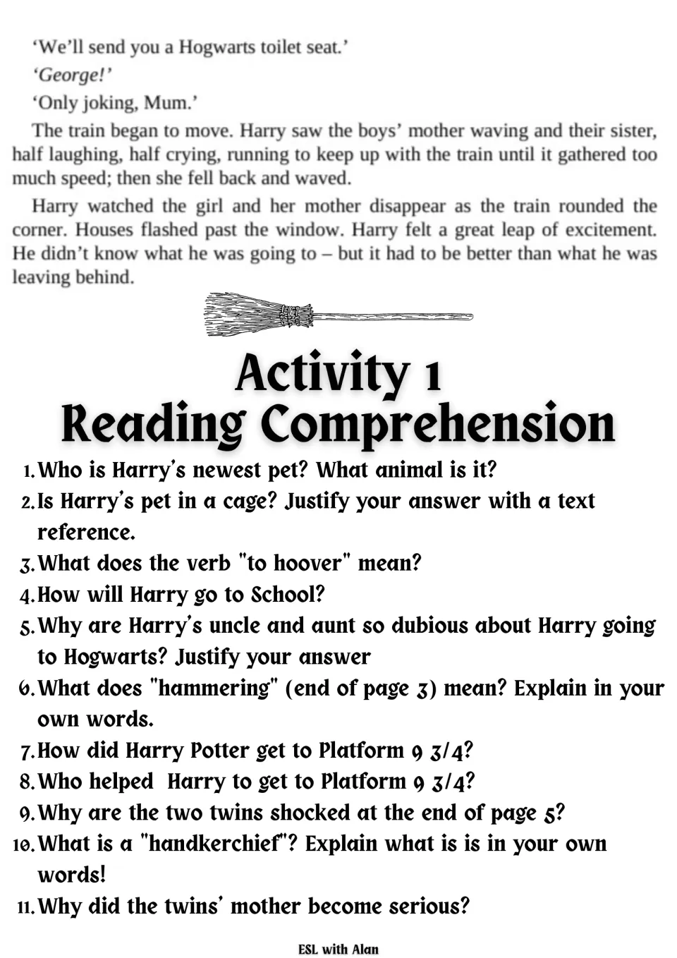 Reading passage ending and 11 comprehension questions about Harry's pet, vocabulary, platform, and helpers.