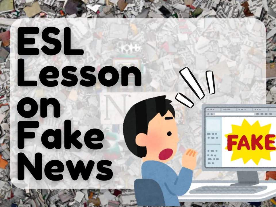 ESL Lesson on Fake News cover: a startled boy looks at a computer screen flashing a red FAKE warning