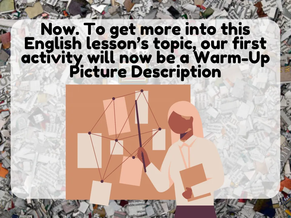 Fake news warm-up intro: the slide announces the first activity, a picture description, with a presenter at a board