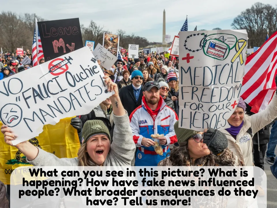 Fake news photo description: students describe a protest scene with anti-mandate signs and discuss its consequences
