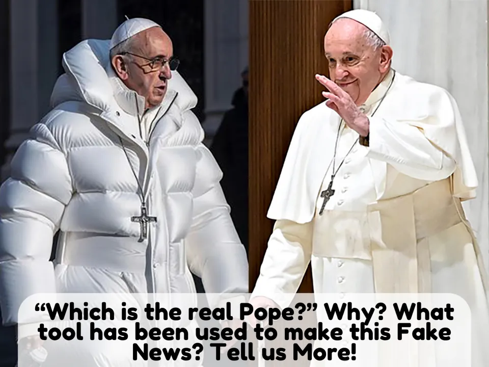 Real or fake image: students compare photos of the Pope, one in a white puffer coat, and name the tool used to fake it