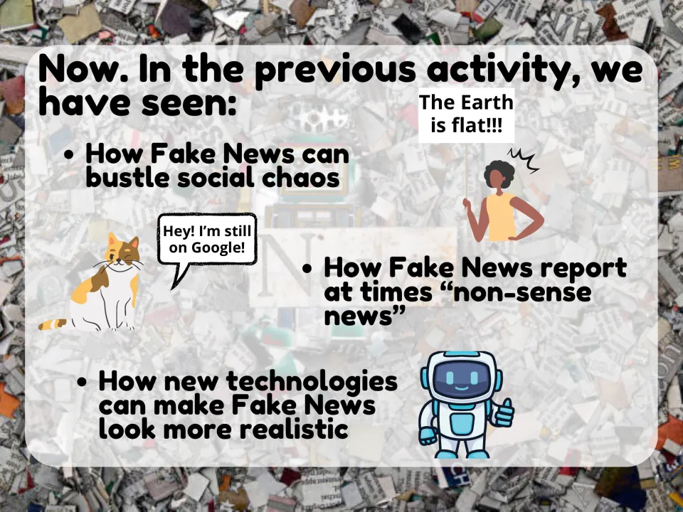 Warm-up recap on fake news: social chaos, non-sense news like cats off Google, and new tech that makes fakes look real