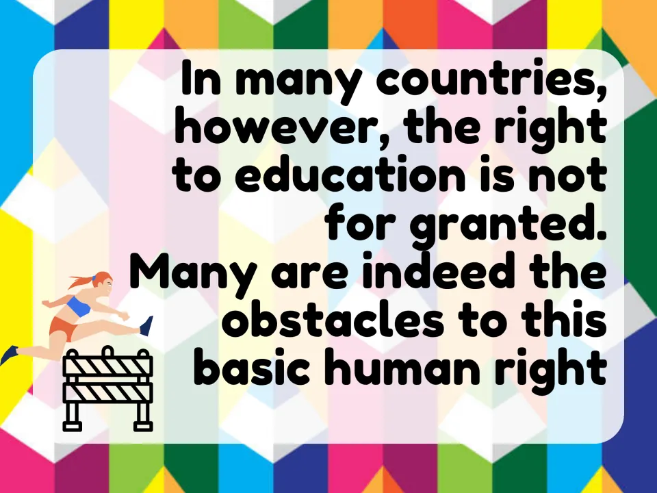Right to education slide: in many countries schooling is not taken for granted and faces obstacles, shown by a hurdler