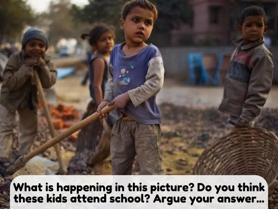 Working children with shovels and a basket: students describe the photo and argue whether these kids attend school