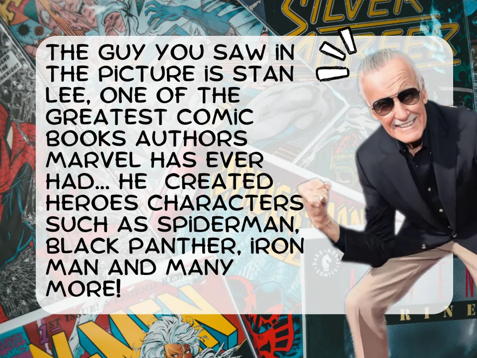Stan Lee reading slide: short text names him a Marvel comic author who created Spiderman, Black Panther and Iron Man