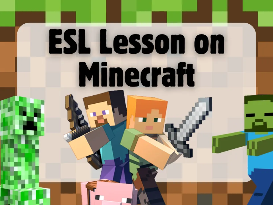 Cover: ESL Lesson on Minecraft title over grass blocks, with Steve, Alex, a creeper, a zombie and a pig
