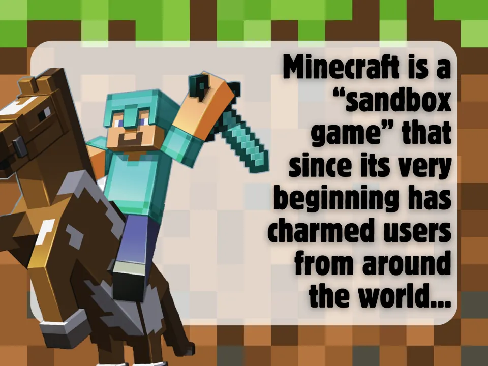 Minecraft as a sandbox game: slide says it has charmed users around the world, shown with Steve in diamond armor on a horse